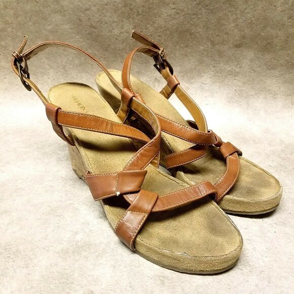 Merona Womens   Size 9 Brown  Open Toe Slingback 4" Wedge Sandals - Picture 1 of 10
